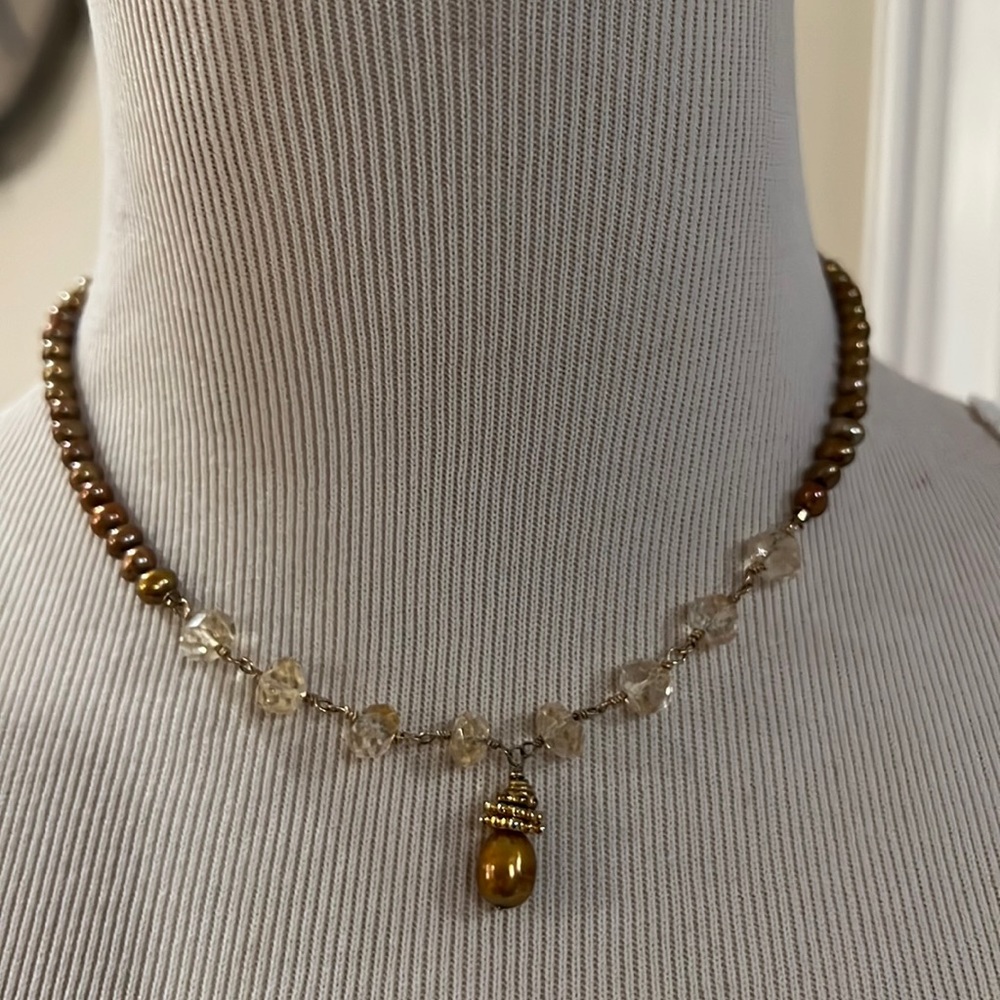 Golden Pearl & Citrine Drop Necklace